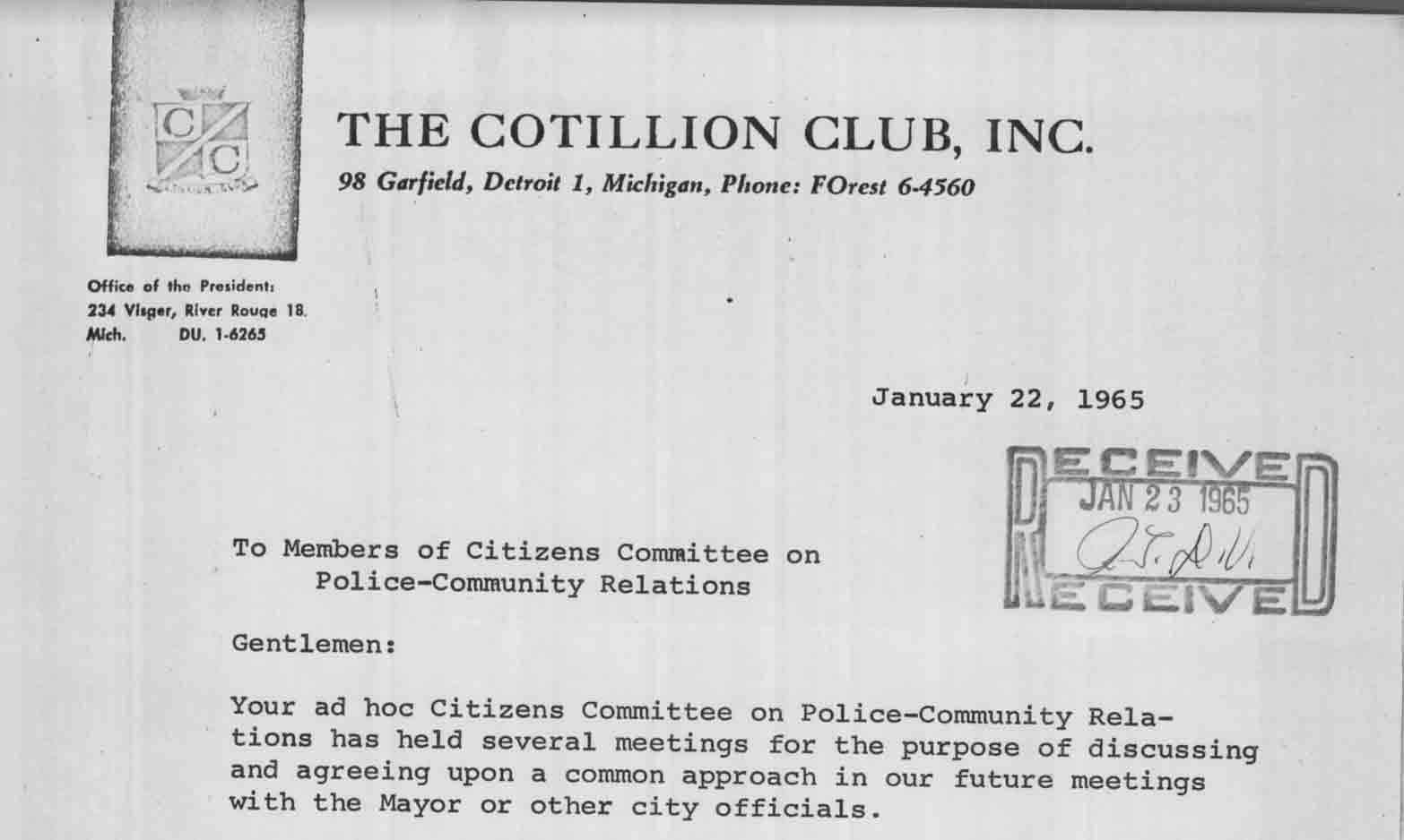 Letter from The Cotillion Club to Members of Citizens Committee on Police-Community Relations