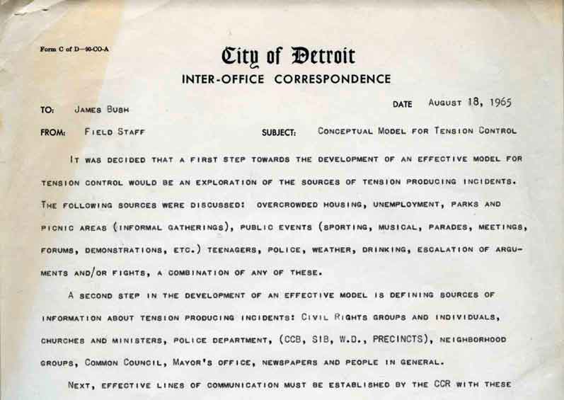 Memo from Detroit Commission on Community Relations field staff to James Bush, August 18, 1965