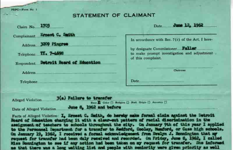 Statement of Claimant: Ernest C. Smith v. Detroit Board of Education