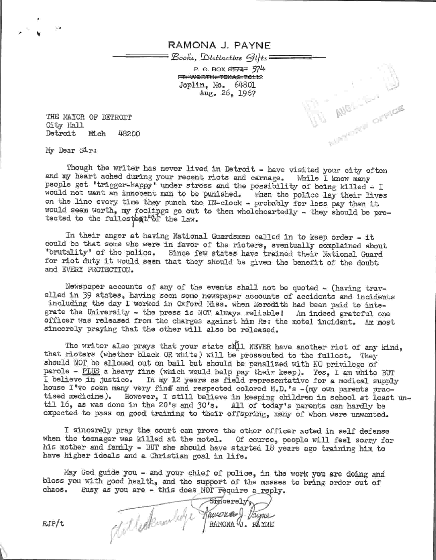 Letter from Ramona Payne to Jerome Cavanagh, Aug 26, 1967