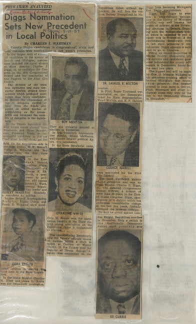 August 14, 1954, Michigan Chronicle, article titled "Diggs Nomination Sets New Precedent in Local Politics," by Charles J. Wartman